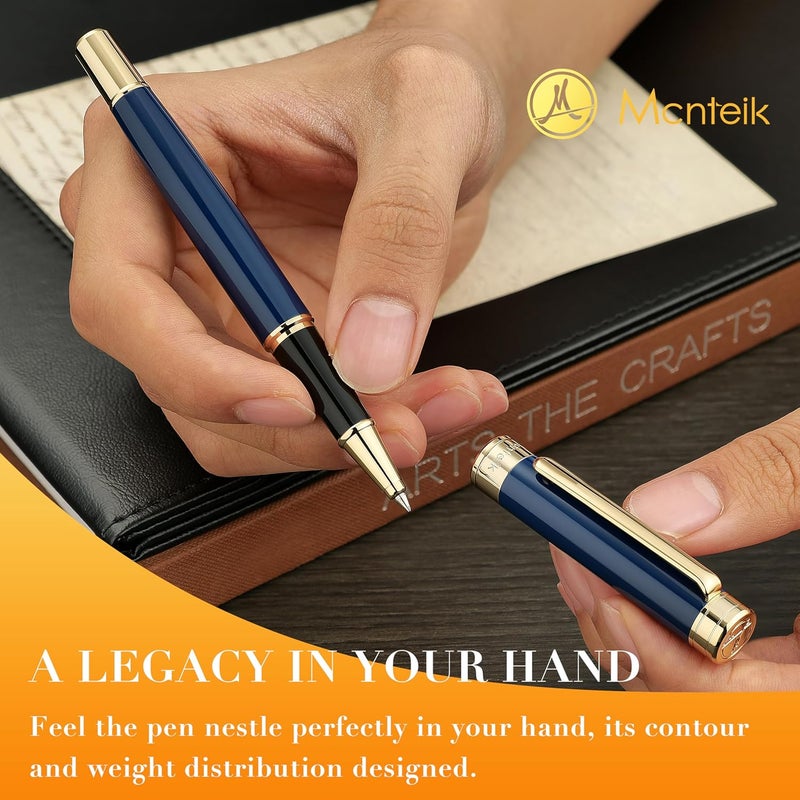MCNTEIK Blue Lacquer Rollerball Pen - Stunning Luxury Pen, 24K Gold Plating, Schmidt Refill, Precision Flow Ink, Fancy Roller Ball Gift Set for Men & Women, Professional, Executive Office, Nice Pens - Image 4